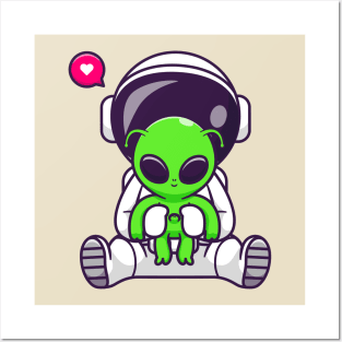 Cute Astronaut With Baby Alien Cartoon Posters and Art